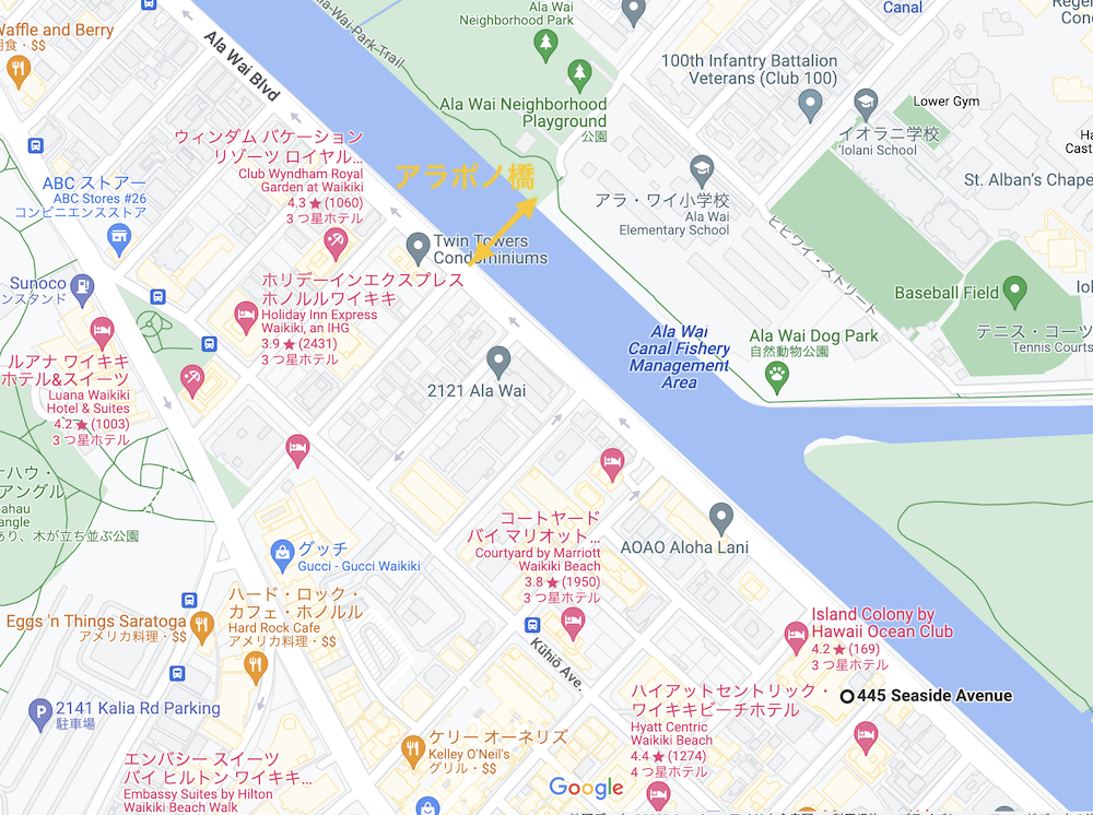 ワイキキにできるアラポノ橋の場所（地図）