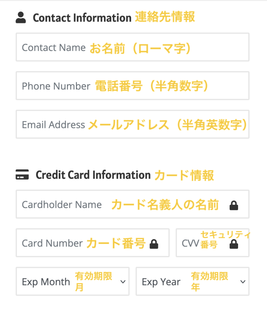 支払い画面で名前、メールアドレス、カード情報などを入力